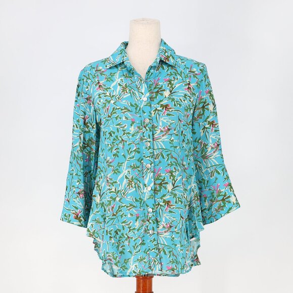 FINLEY Agetha Kyoto Floral-Print Ruffle Button-Front Shirt Blue Green Size XS - Picture 2 of 9